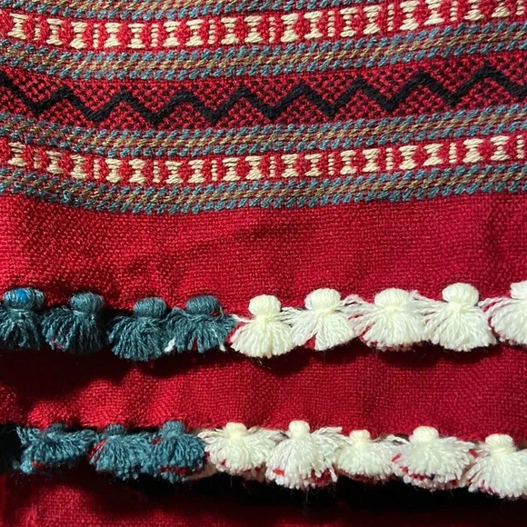 KUTCHI Hand Embroidery Striped Tasseled Mirror Work Red Woollen Shawl